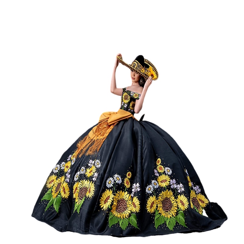 Sun Flower Embroidery princess Quinceanera Dresses Off Shoulder Black Mexican charro prom Sweet 16 Dresses Vestidos De 15 ANos