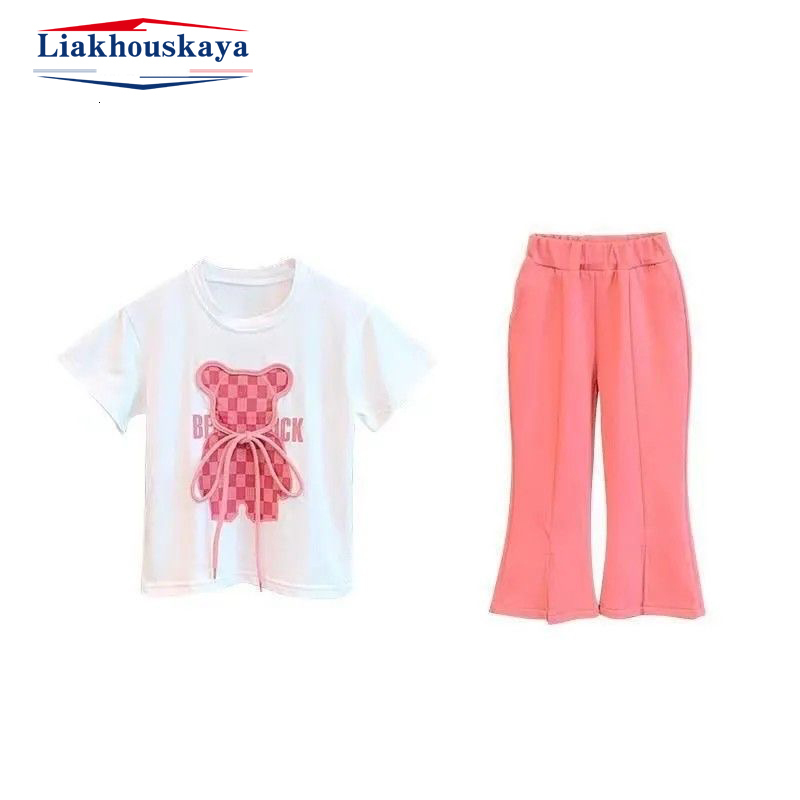 Clothing Sets est Summer Teens Clothes Set Sport Bear Print Cotton Crop Top T Shirt Wide Long Pant Suit Korea Child Tracksuit 230522