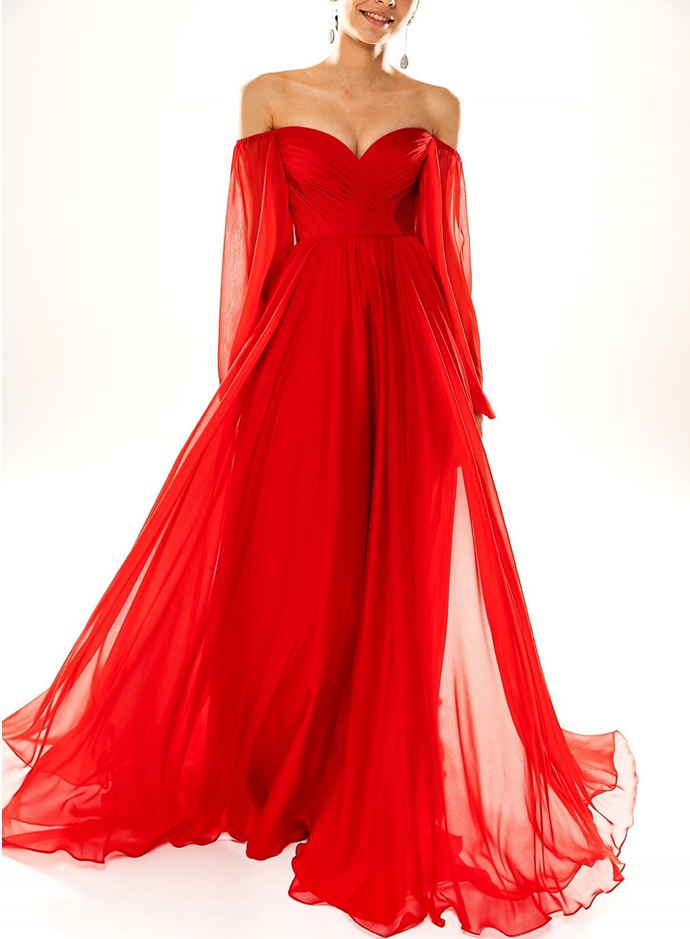 Sexy Formal Evening Dress Strapless Long Sleeve Court Train Chiffon with Pleats Women's Prom Party Gowns 2023 Vestidos Longo Robe De Soiree