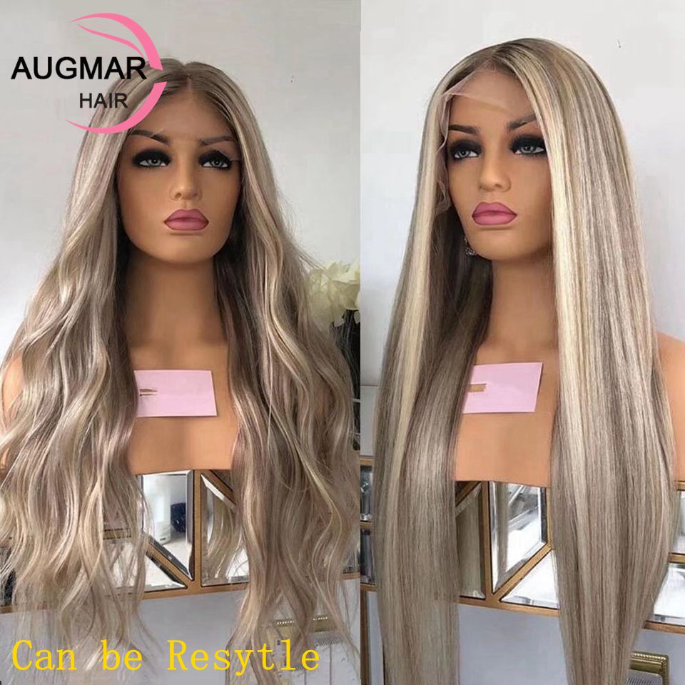 Long Straight Highlight Human Hair Wigs 360 Frontal Blonde Colored Synthetic Lace Front Wig For Women Preplucked