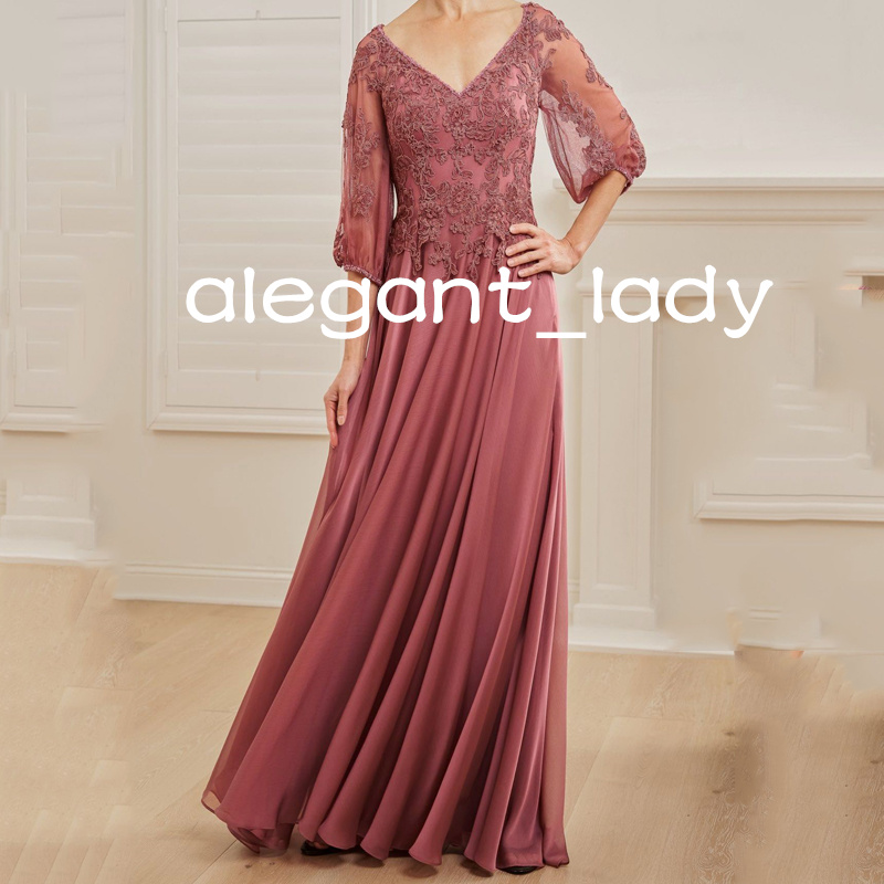 Pale Pink Mother of the Bride Dresses Lace Applique Three Quarters Evening Party Formal Gowns for Women Chiffon dress