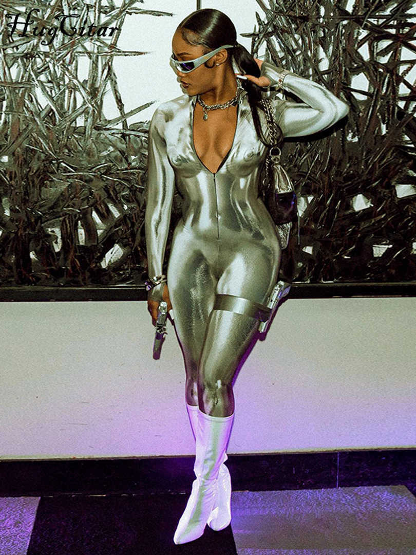 New 3D Body Print Long Sleeve V Nekc Jumpsuit Zipper Y2K Rompers Streetwear Outfits Bodycon Sexy Festival Club Wear