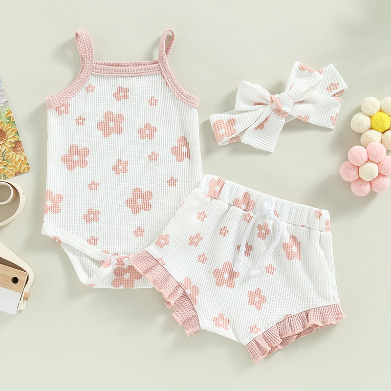 Clothing Sets Summer Toddler born Baby Girls Clothes Waffle Floral Print Sleeveless BodysuitsRuffes Drawstring ShortsHeadband 230522