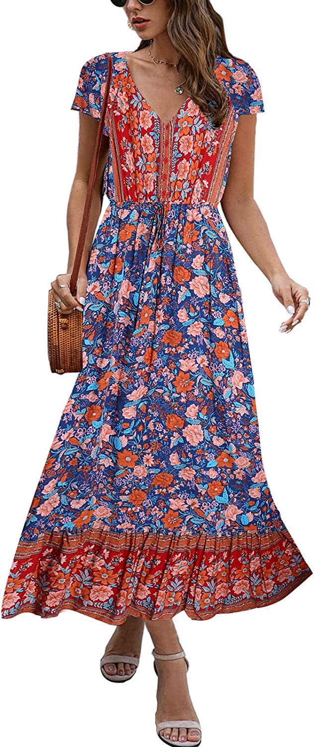 Women's Dresses Fashion New Summer Bohemian Casual Short Sleeve Floral Print Maxi Dress S-2XL