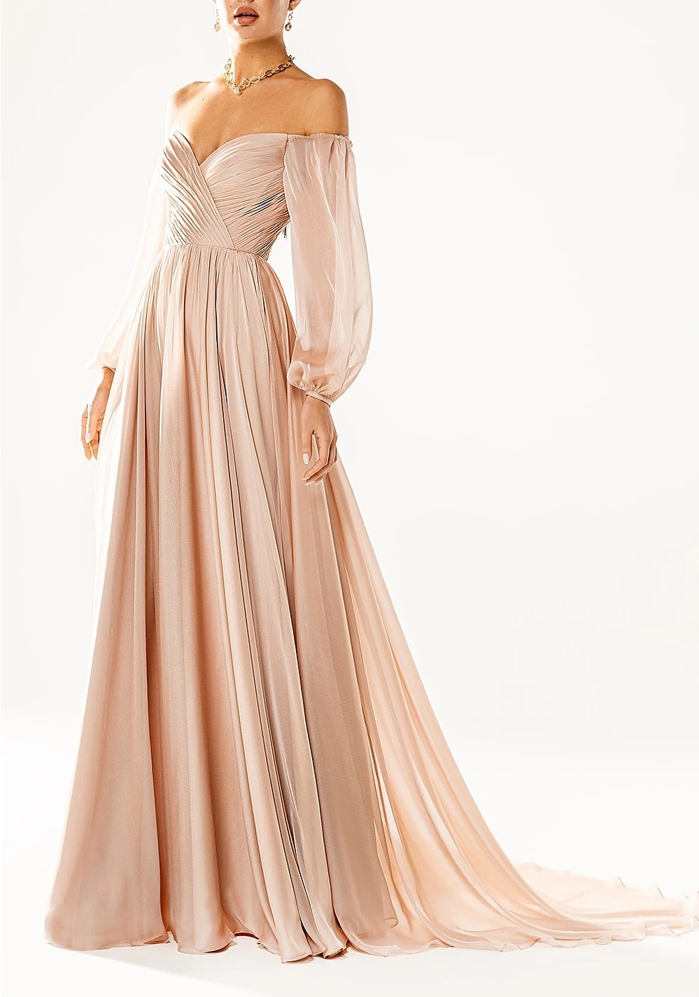 Sexy Formal Evening Dress Strapless Long Sleeve Court Train Chiffon with Pleats Women's Prom Party Gowns 2023 Vestidos Longo Robe De Soiree