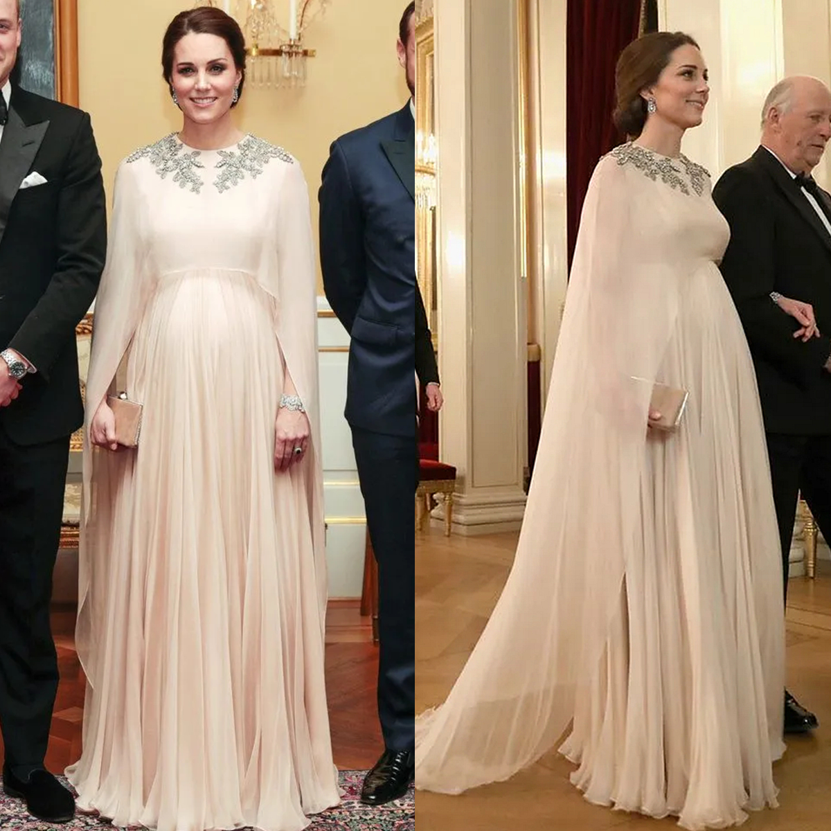 Kate Middleton Formal Evening Dresses Pregnant Woman Plus Size Chiffon Celebrity Party Gowns With Wrap Cape Sleeves Appliques Beaded Long Prom Dress H