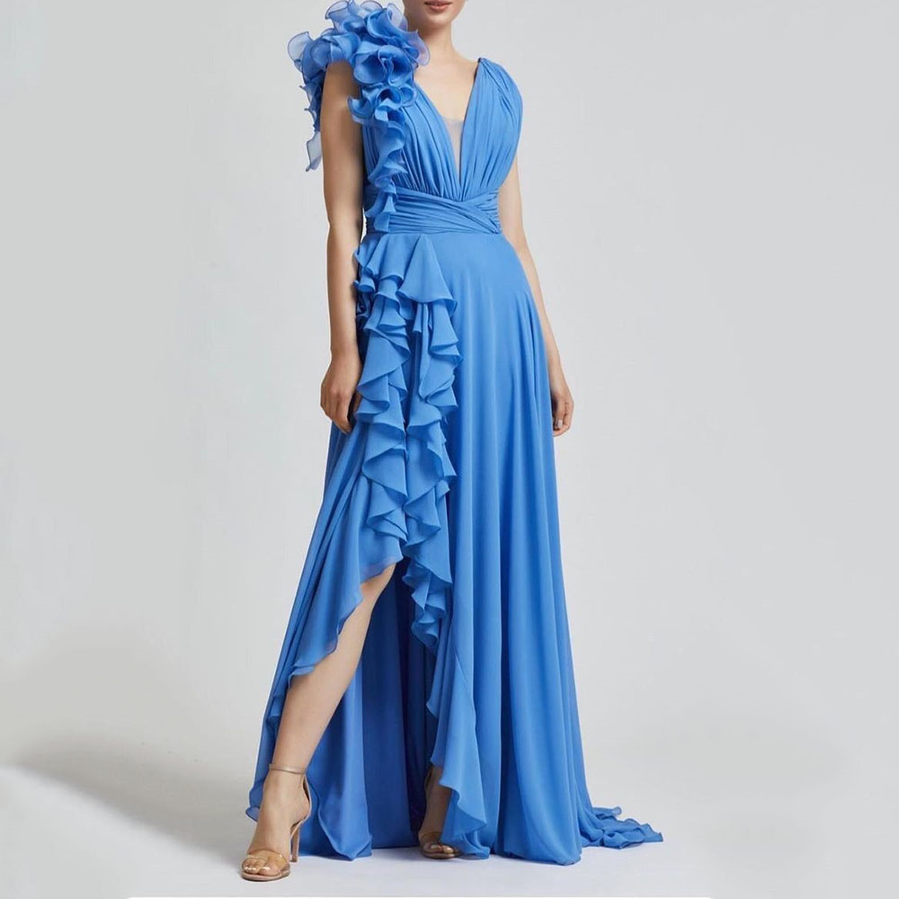 Elegant Long Chiffon Prom Dresses Ruffle Side High Split Sexy Celebrity Evening Gowns V-Neck Sleeveless Bridesmaid Dress Summer Beach Robe De Soriee