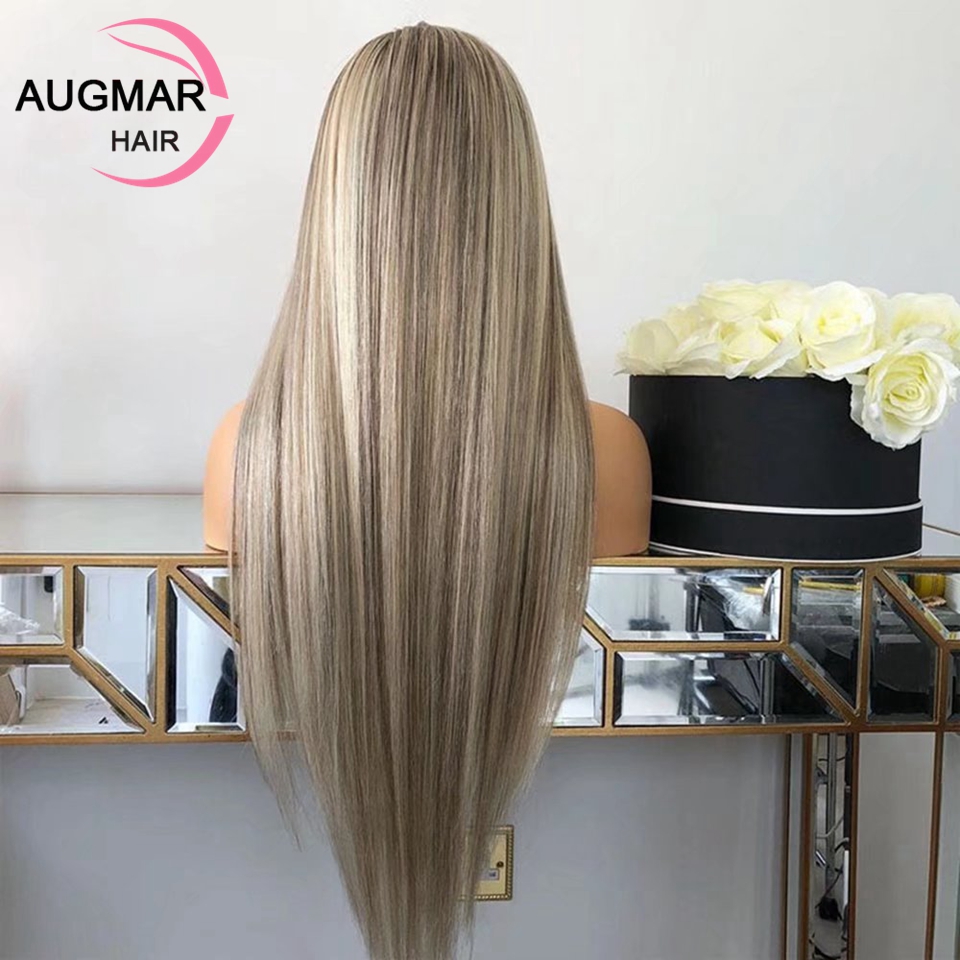Long Straight Highlight Human Hair Wigs 360 Frontal Blonde Colored Synthetic Lace Front Wig For Women Preplucked