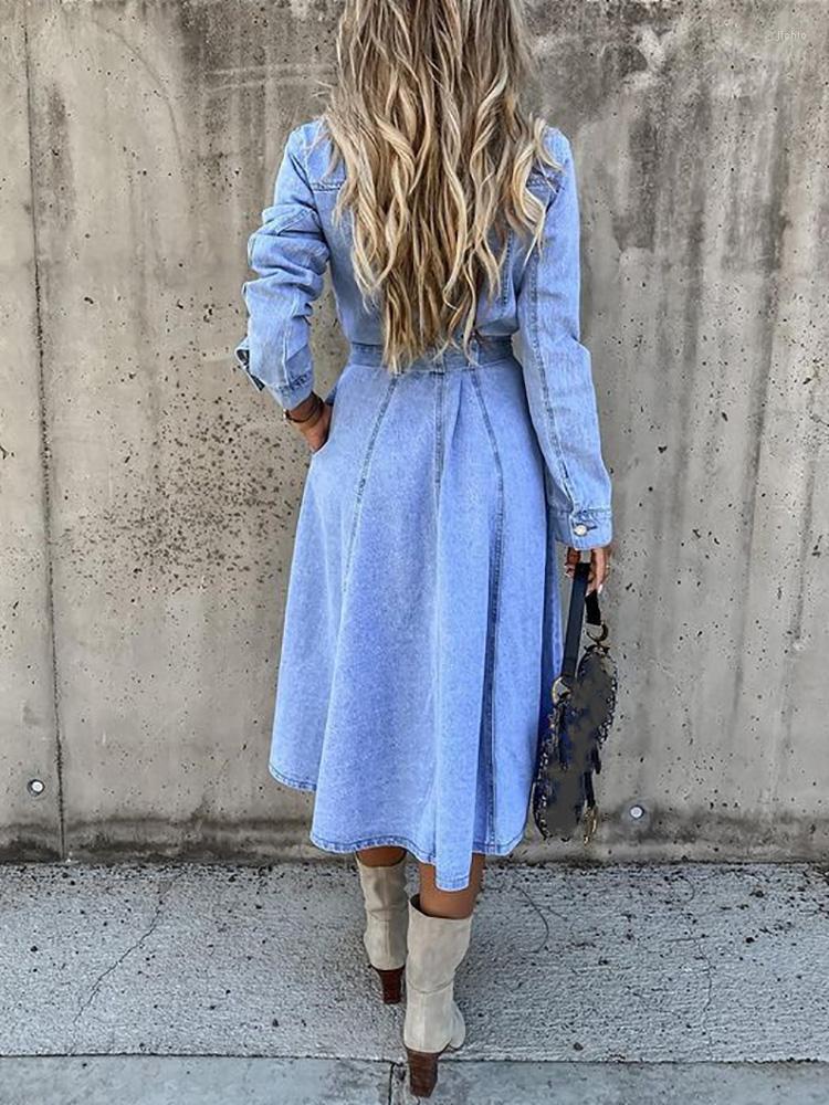 Casual Dresses Vintage Denim Mini Dress Women Long Sleeve Turn Down Collar Button Tied Pencil Female Spring Summer Slim Fit Jeans