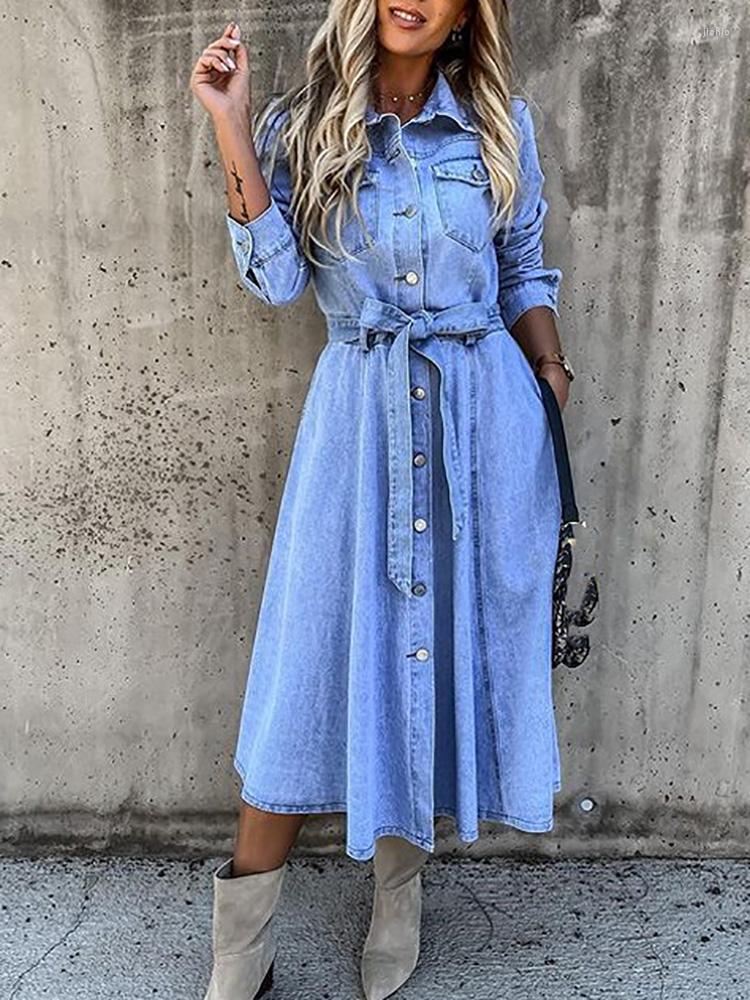 Casual Dresses Vintage Denim Mini Dress Women Long Sleeve Turn Down Collar Button Tied Pencil Female Spring Summer Slim Fit Jeans