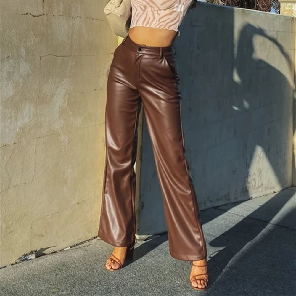 Fashion Design Leather Pants European and American Fashion New Product Women's Micro Ra High Elastic Mid Waist Commuting Style Leather Pants Legg