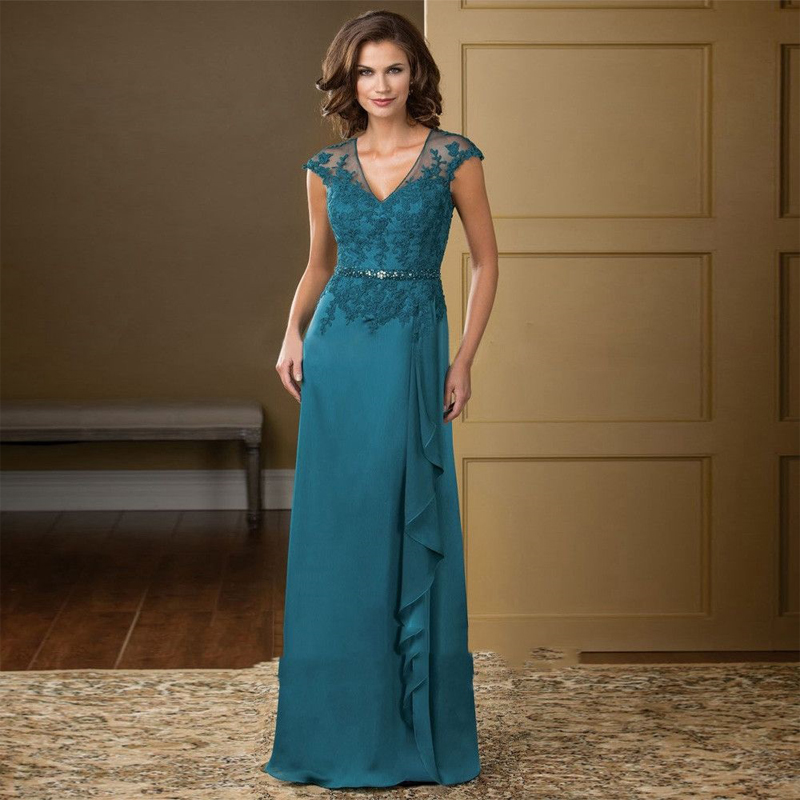 teal blue Lace Mother of the Bride Dresses with Beaded V Neck Floor Length Chiffon mother Formal Evening Gowns