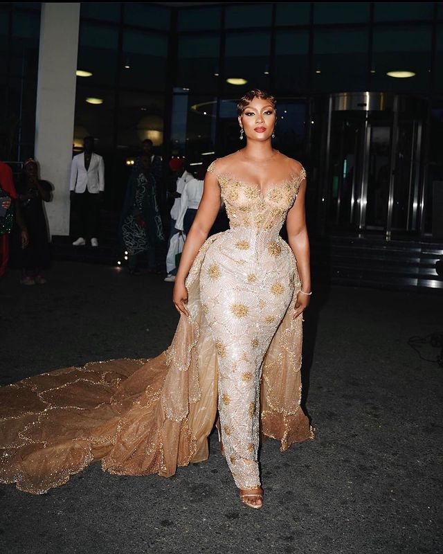 2023 AMVCA Aso Ebi Gold Mermaid Prom Dress Sequined Lace Tulle Evening Formal Party Second Reception Birthday Engagement Gowns Dress Robe De Soiree ZJ