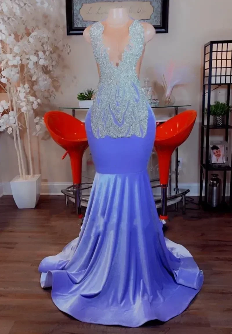 Veet Sparkly Lilac Prom Dresses For Black Girls Sheer Neck Mermaid Sier Sequins Gala Vestidos De Graduacion Evening Ocn Gown
