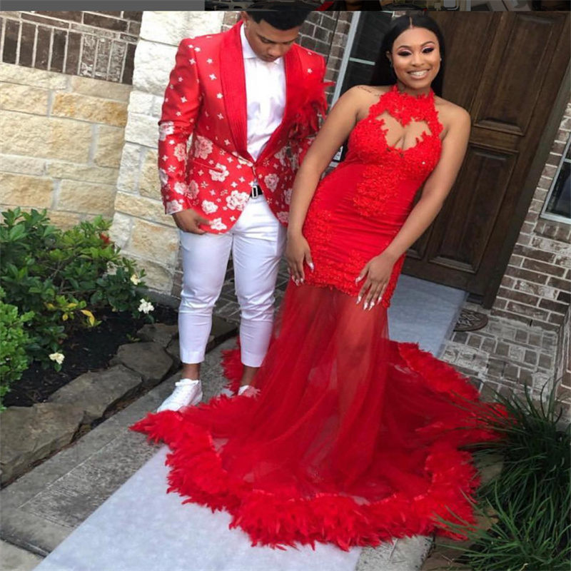 Gorgeous Red Black Girls Prom Dress With Feather Halter Mermaid Formal Fifteen Birthday Evening Party Gowns Backless Ceremony 2023 robe de soiree vest