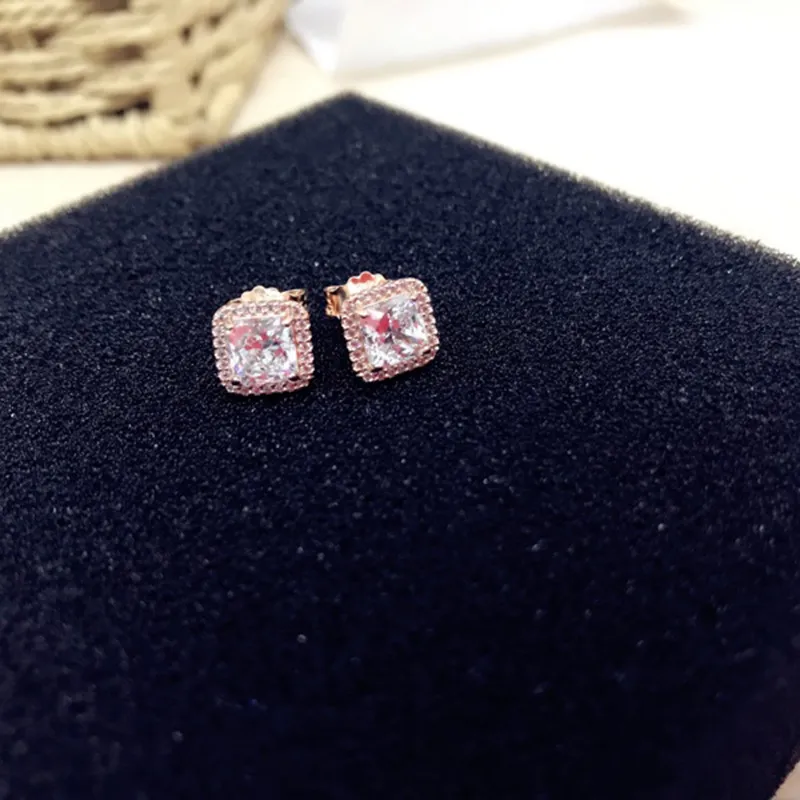 Square CZ Diamond Stud Earrings for Women - 925 Sterling Silver with Gold & Rose Gold Plating