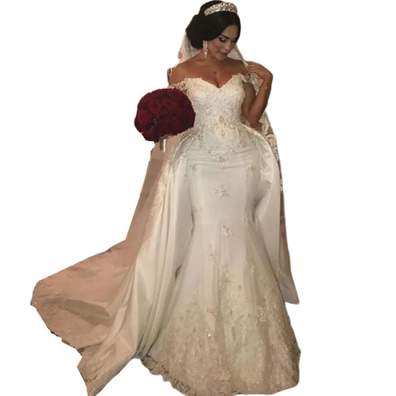 Gorgeous Satin Mermaid Wedding Dresses With Detachable Train Lace Appliques Beaded Off The Shoulder Long Bridal Gowns Arabic Dubai Vestido De Novia