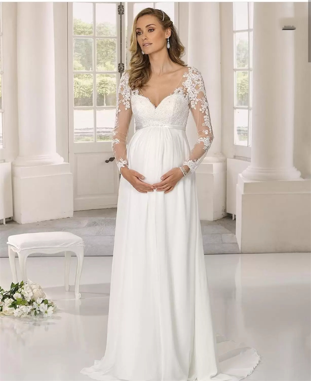 Maternity Wedding Dresses For Pregnant Women Chiffon A-Line Beach Boho Bridal Gowns Illusion Long Sleeves V-Neck Lace Appliques Empire Waist Vestido D