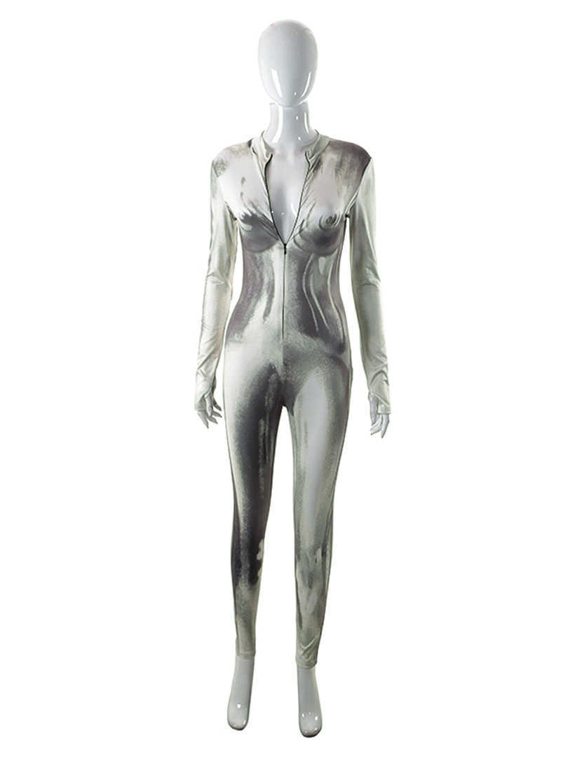 New 3D Body Print Long Sleeve V Nekc Jumpsuit Zipper Y2K Rompers Streetwear Outfits Bodycon Sexy Festival Club Wear