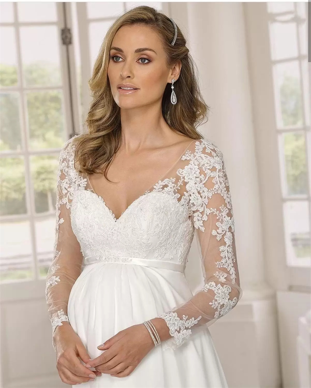 Maternity Wedding Dresses For Pregnant Women Chiffon A-Line Beach Boho Bridal Gowns Illusion Long Sleeves V-Neck Lace Appliques Empire Waist Vestido D