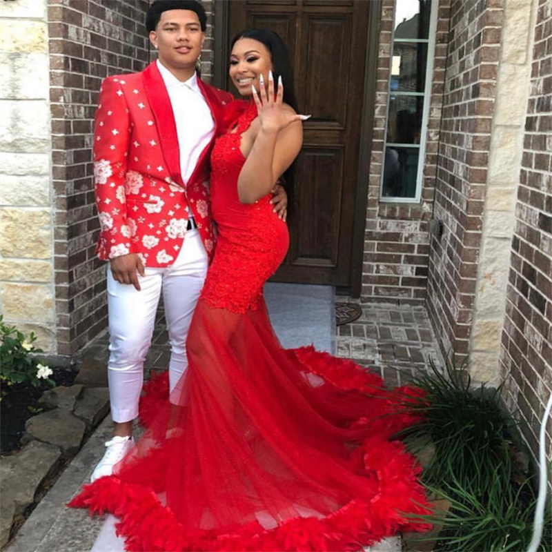 Gorgeous Red Black Girls Prom Dress With Feather Halter Mermaid Formal Fifteen Birthday Evening Party Gowns Backless Ceremony 2023 robe de soiree vest