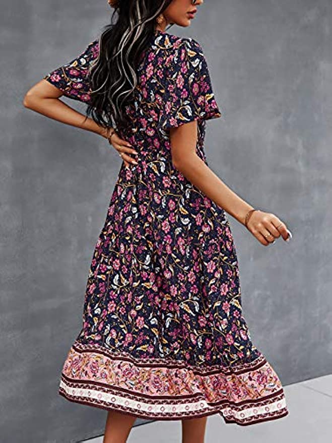 Women's Dresses Fashion New Summer Bohemian Casual Short Sleeve Floral Print Maxi Dress S-2XL