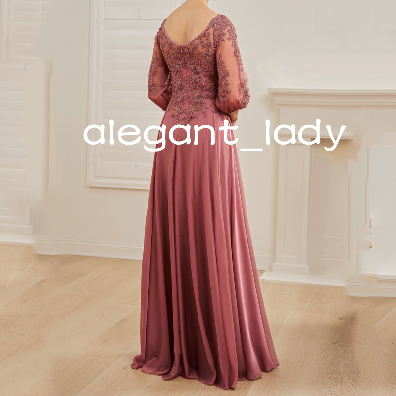 Pale Pink Mother of the Bride Dresses Lace Applique Three Quarters Evening Party Formal Gowns for Women Chiffon dress