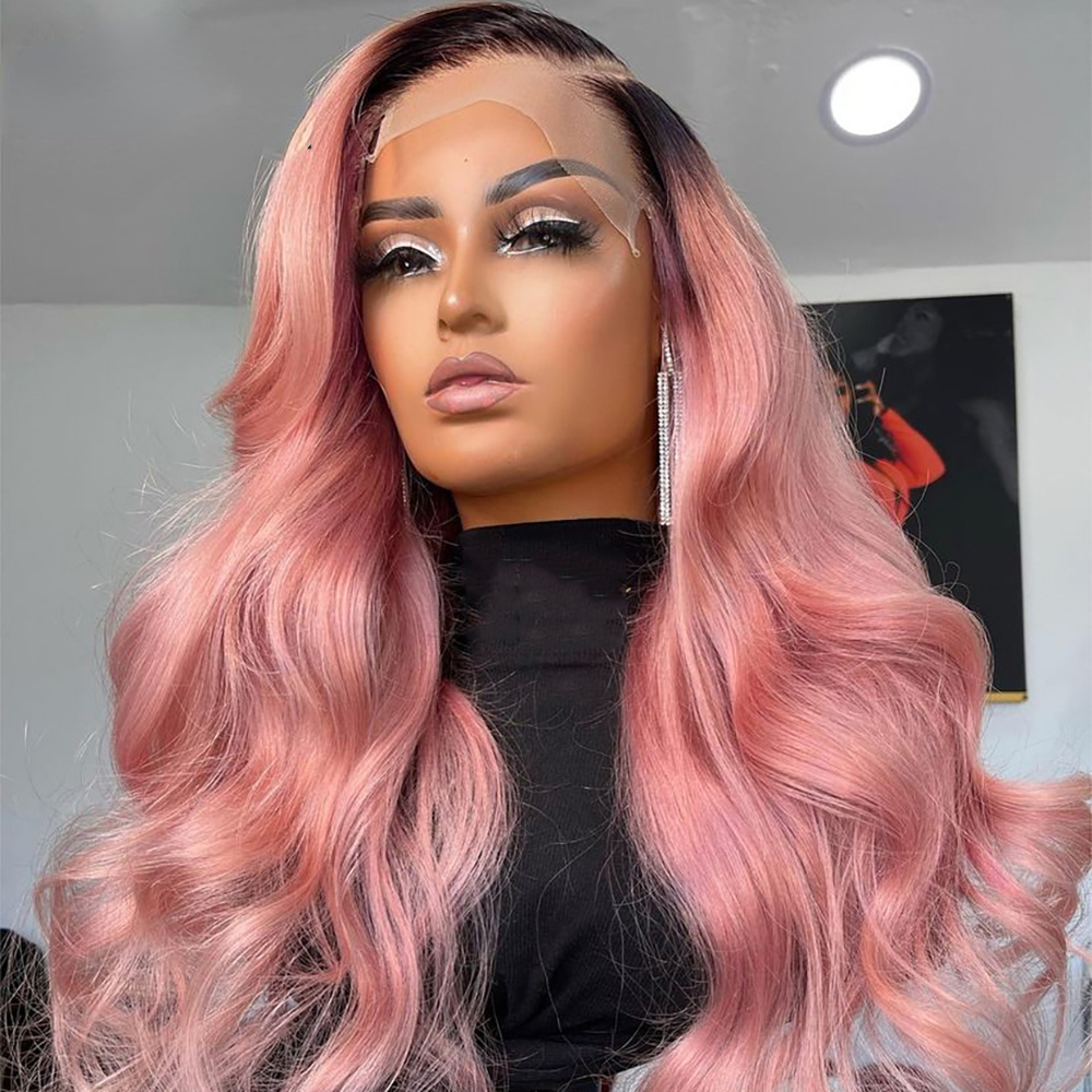 Free shipping Brazilian Hair Pink Front For Women HD Transparent Lace Frontal Wigs Long Wavy Ombre Synthetic Wig Preplucked Hairline