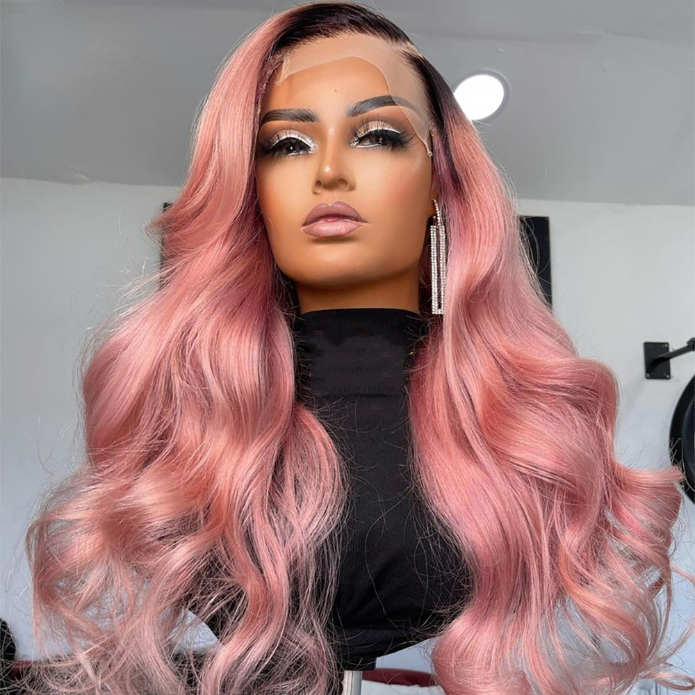 Free shipping Brazilian Hair Pink Front For Women HD Transparent Lace Frontal Wigs Long Wavy Ombre Synthetic Wig Preplucked Hairline