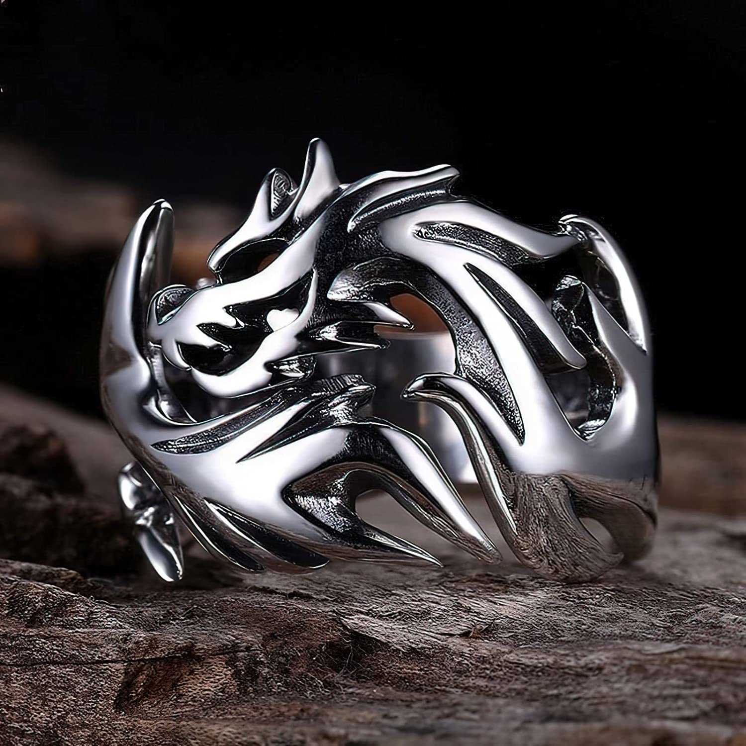 Viking Dragon Scales Ring Masculinity Unique Norse Stainless Steel Jewelry Antique Silver Hollow Powerful Amulet For Men Men's Rings Women Bijoux