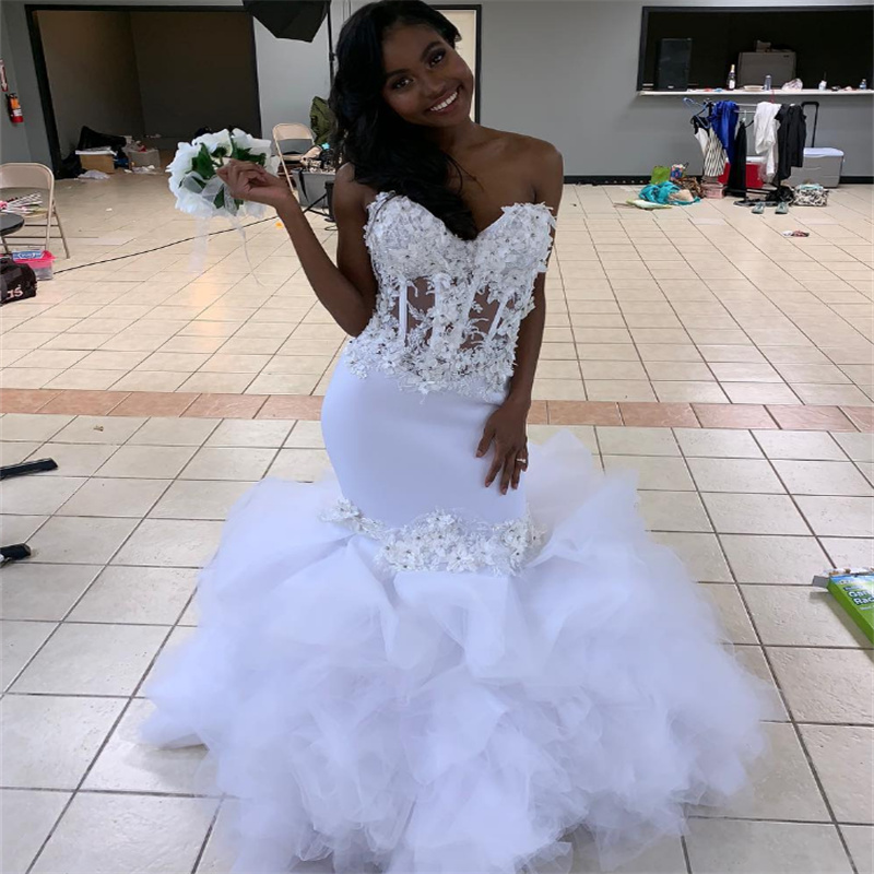 Luxury White Mermaid Wedding Dress Corset Sweetheart Tiered Ruffles 3D Florals Hippie Garden Country Bridal Gowns Elegant Bride robe mariee Femme vest