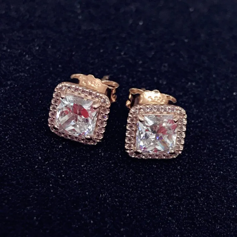 Square CZ Diamond Stud Earrings for Women - 925 Sterling Silver with Gold & Rose Gold Plating