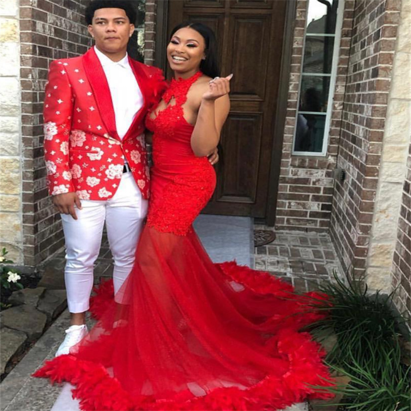 Gorgeous Red Black Girls Prom Dress With Feather Halter Mermaid Formal Fifteen Birthday Evening Party Gowns Backless Ceremony 2023 robe de soiree vest