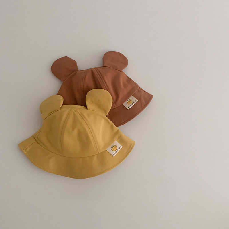 Caps Hats Solid color bucket Summer wide Brim fisherman Cute bear eared baby boy girl Sun potted hat G220522