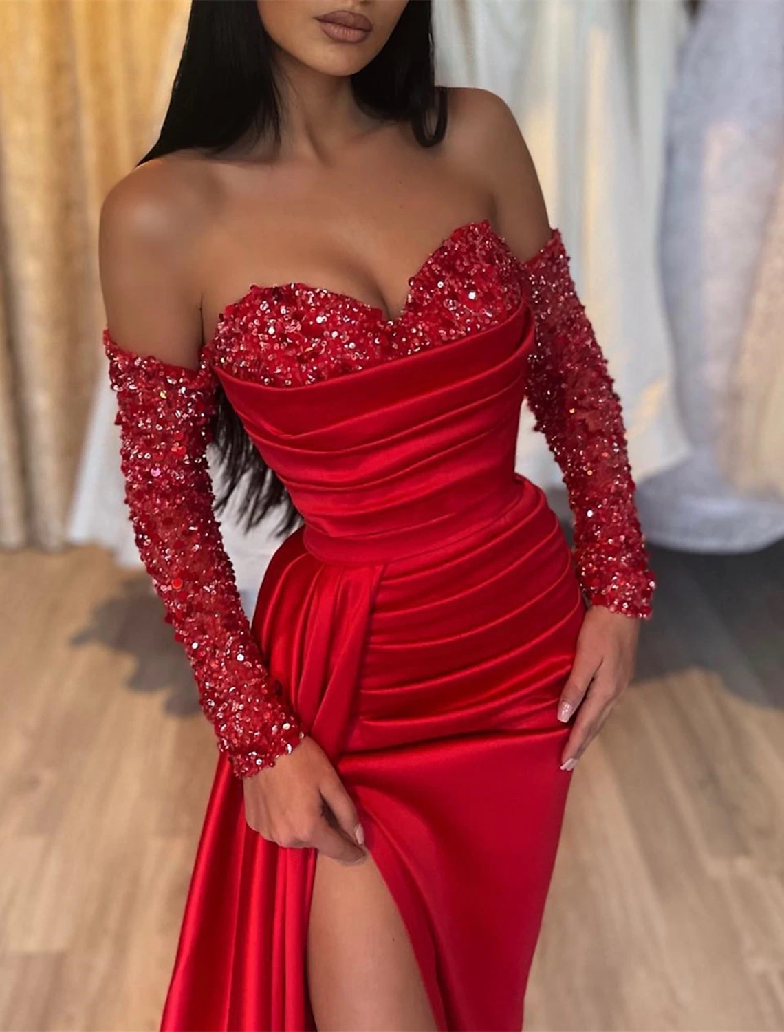 Shine Red Women Evening Party Dress Long Sleeve Off Shoulder Satin Ruched Sequin Slit Formal Prom Gowns Robe De Soiree Vestidos De Feast