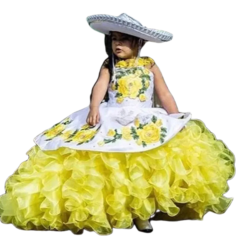 Floral Embroidery Pluffy Flower Girls Dresses For Wedding Party 2023 White And Yellow Mexican Brithday Party Dress Kids Princess Ball Gown Special Occ