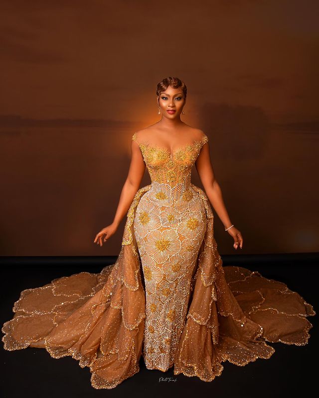 2023 AMVCA Aso Ebi Gold Mermaid Prom Dress Sequined Lace Tulle Evening Formal Party Second Reception Birthday Engagement Gowns Dress Robe De Soiree ZJ