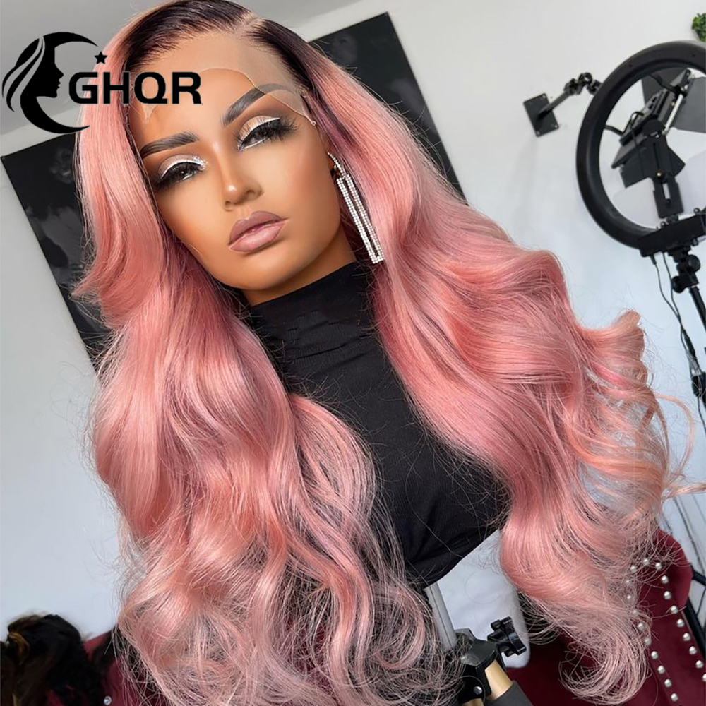 Free shipping Brazilian Hair Pink Front For Women HD Transparent Lace Frontal Wigs Long Wavy Ombre Synthetic Wig Preplucked Hairline