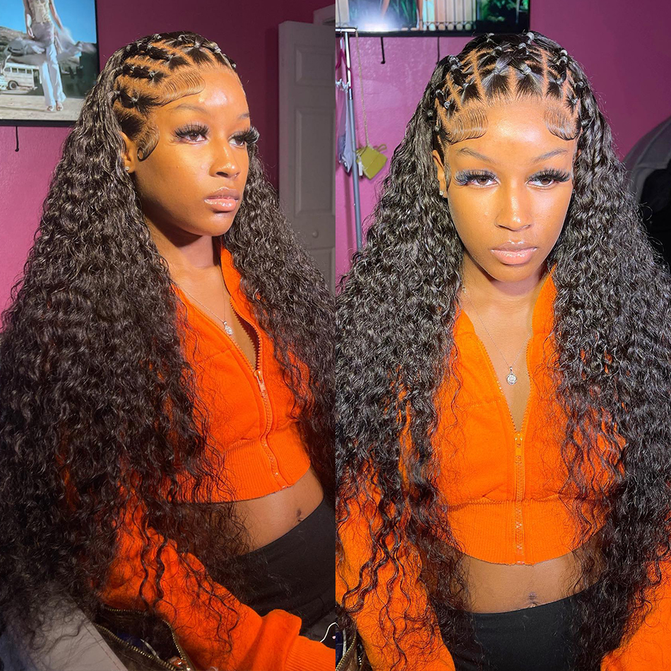 34Inch Black Curly Human Hair Wig Deep Wave Frontal Wig 13x4 Lace Frontal Wigs Water Wave Synthetic Wig For Black Women Pre Pluck