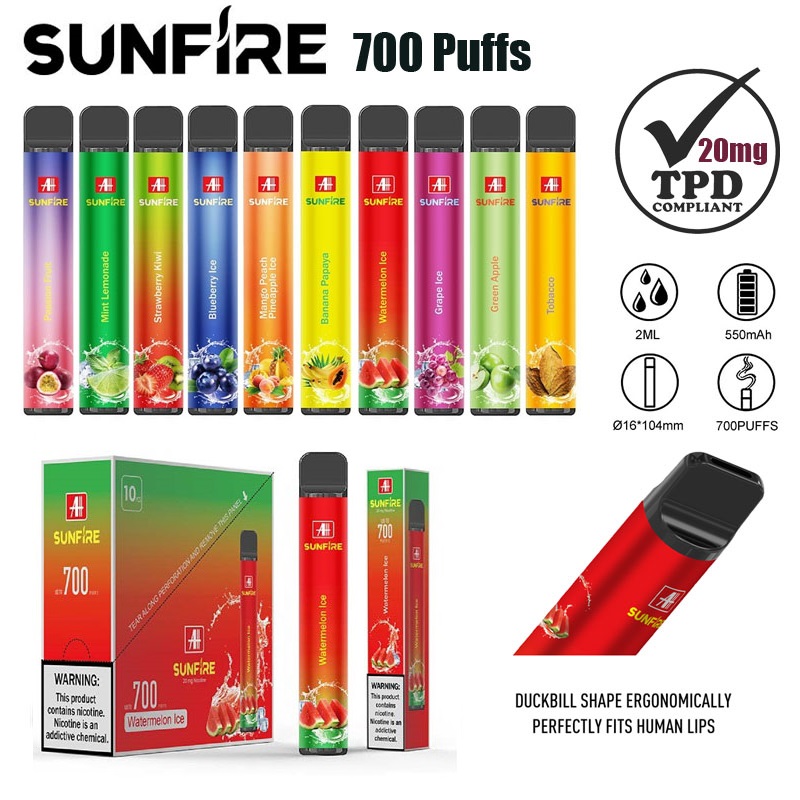 Authentic Sunfire 700 Puffs TPD Disposable Vape 2ml Prefilled 10 Registered Flavours 20mg E-Cigarettes 550mAh Vapor Device OEM
Authentic Sunfire 700 Puffs TPD Disposable Vape 2ml Prefilled 10 Registered Flavours 20mg E-Cigarettes 550mAh Vapor Device OEM