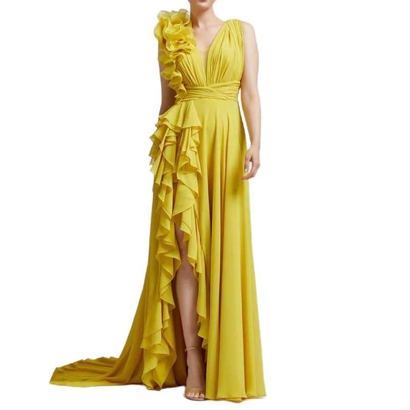 Elegant Long Chiffon Prom Dresses Ruffle Side High Split Sexy Celebrity Evening Gowns V-Neck Sleeveless Bridesmaid Dress Summer Beach Robe De Soriee