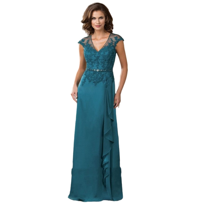 teal blue Lace Mother of the Bride Dresses with Beaded V Neck Floor Length Chiffon mother Formal Evening Gowns