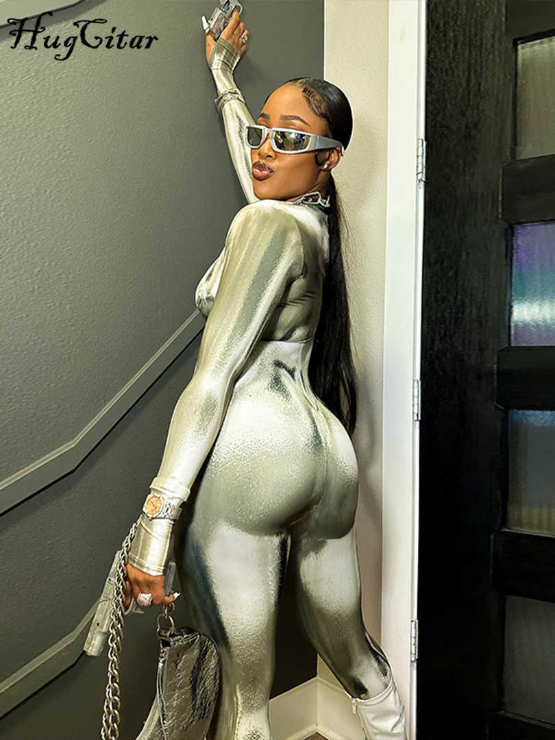 New 3D Body Print Long Sleeve V Nekc Jumpsuit Zipper Y2K Rompers Streetwear Outfits Bodycon Sexy Festival Club Wear