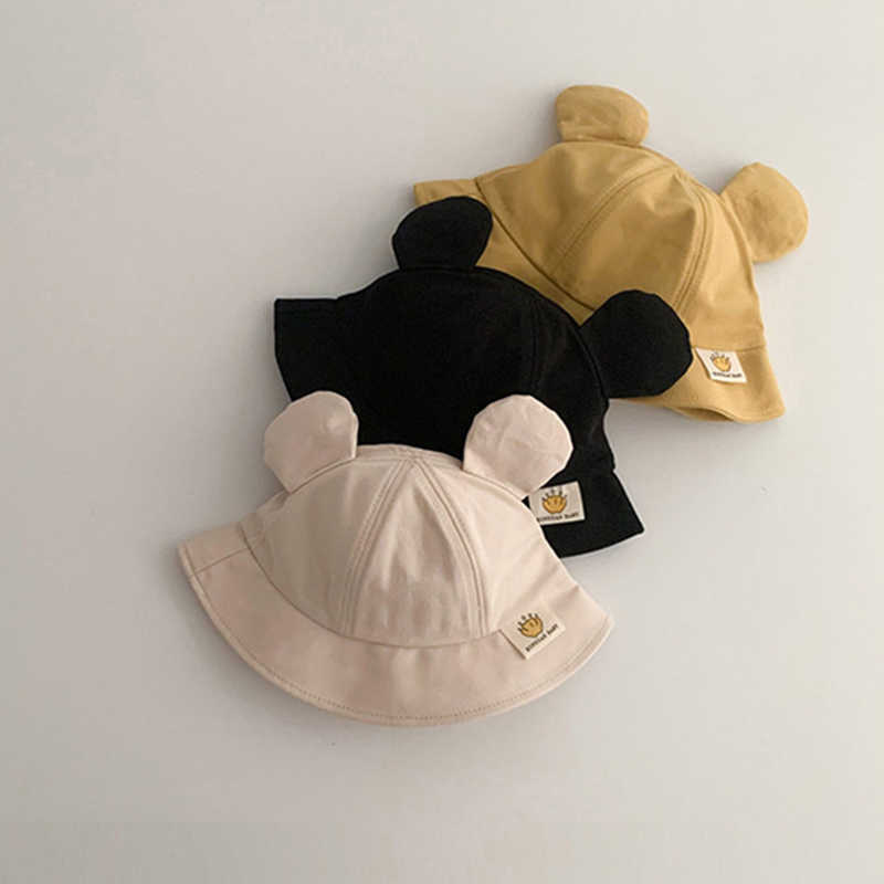 Caps Hats Solid color bucket Summer wide Brim fisherman Cute bear eared baby boy girl Sun potted hat G220522