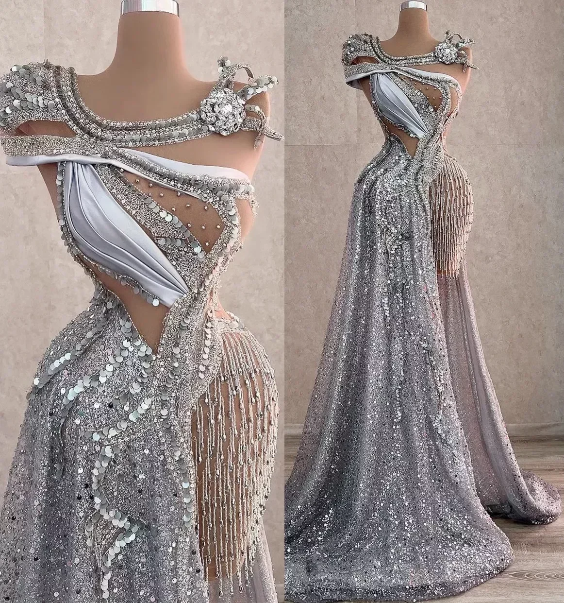 Arabic NEW Aso Ebi Sparkly Sier Urious Prom Dresses Beaded Crystals Evening Formal Party Second Reception Birthday Engagement Gowns Dress