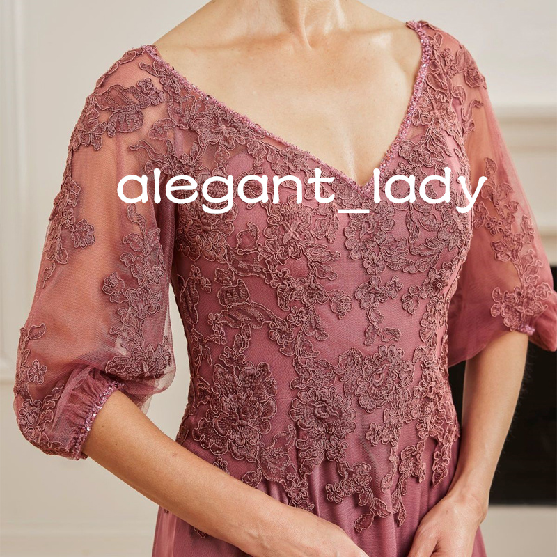 Pale Pink Mother of the Bride Dresses Lace Applique Three Quarters Evening Party Formal Gowns for Women Chiffon dress