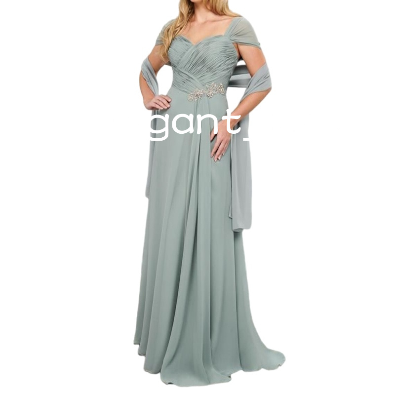 Dark Platinum Mother of the Bride Dresses Short Sleeve with Wrap Pleated Chiffon Beaded Mother Prom Occasion Dress