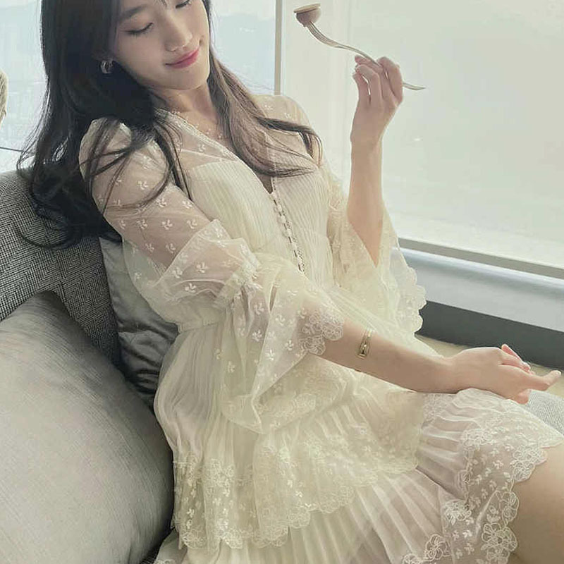 Casual Dresses S-elf-Portrait Chiffon Lace Mini Dress V Neck A-line Dress for Women White