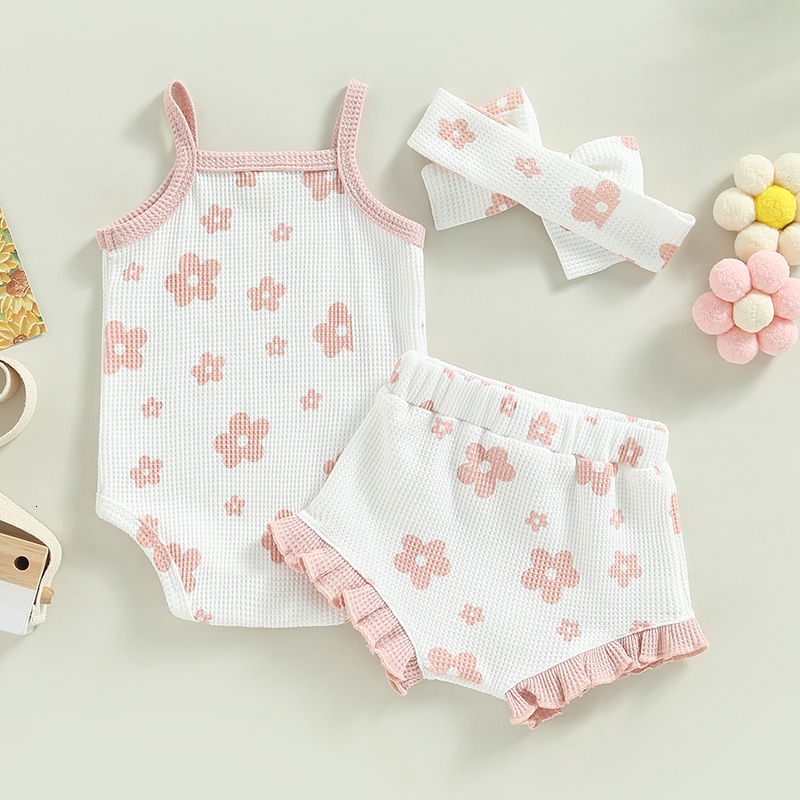 Clothing Sets Summer Toddler born Baby Girls Clothes Waffle Floral Print Sleeveless BodysuitsRuffes Drawstring ShortsHeadband 230522