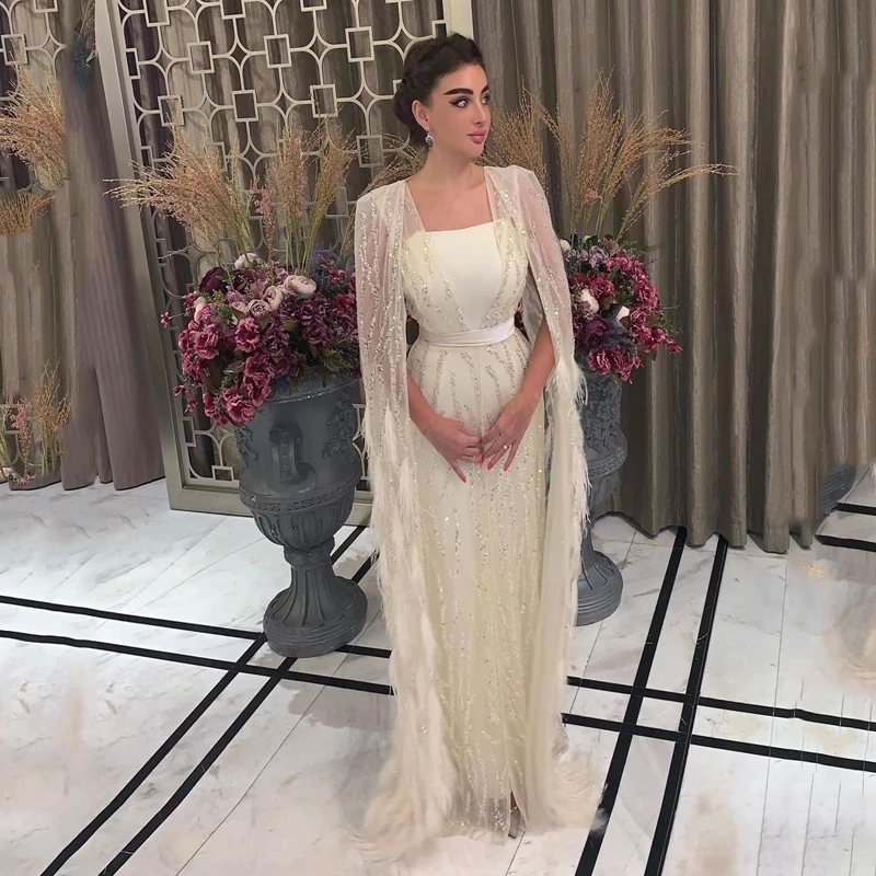 Luxury Dubai Feathers Crystal Evening Dresses with sleeve cape for Women Party Arabic Formal Prom occasion Gowns